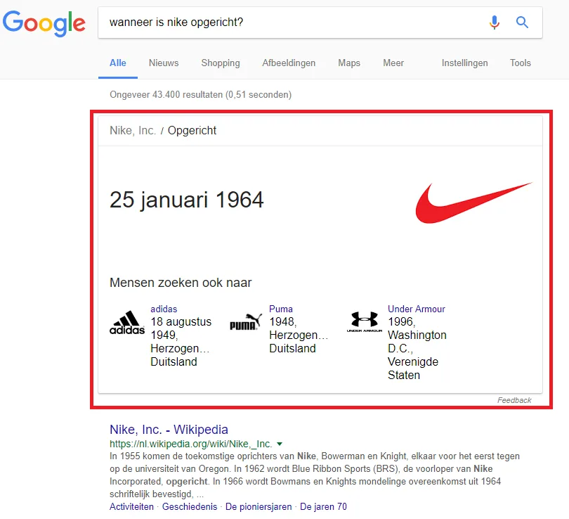 Automatisch antwoord boven organische zoekresultaten