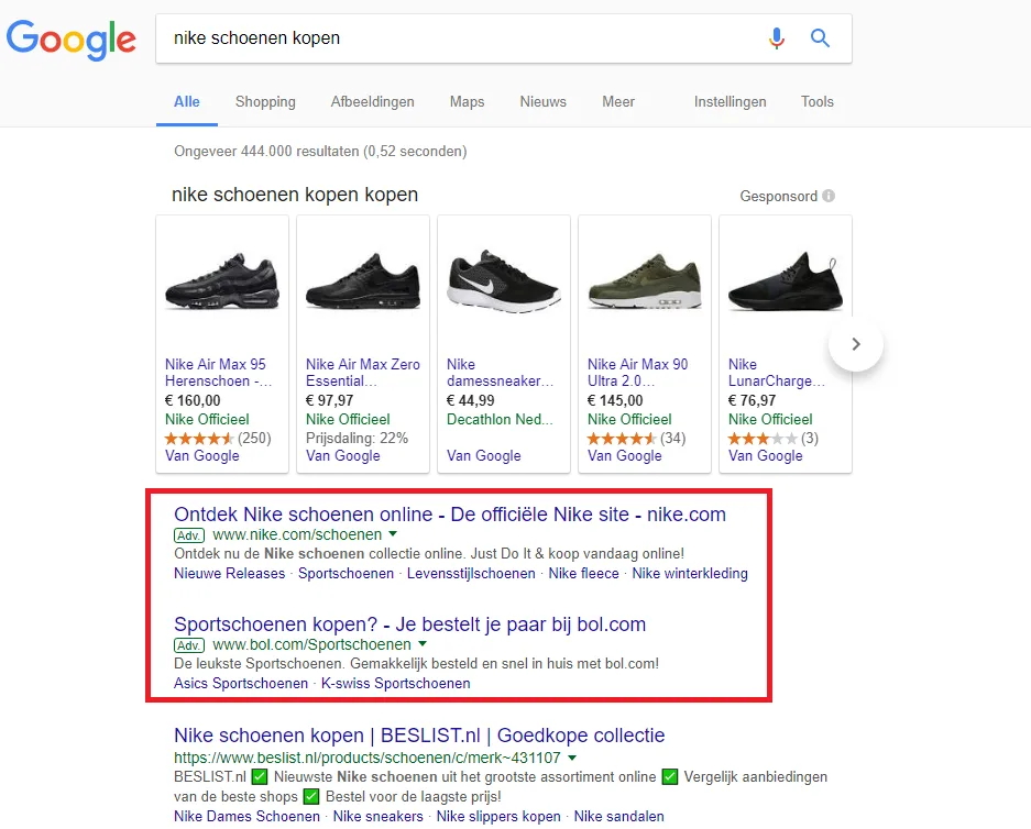 advertenties boven organische zoekresultaten