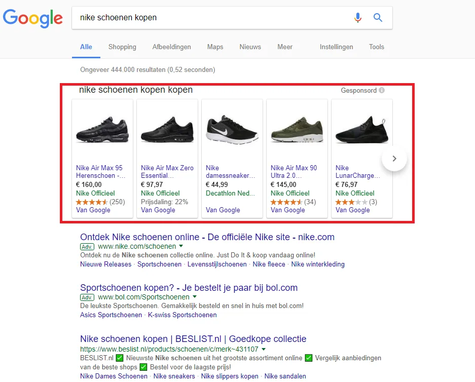 product carrousel boven organische zoekresultaten